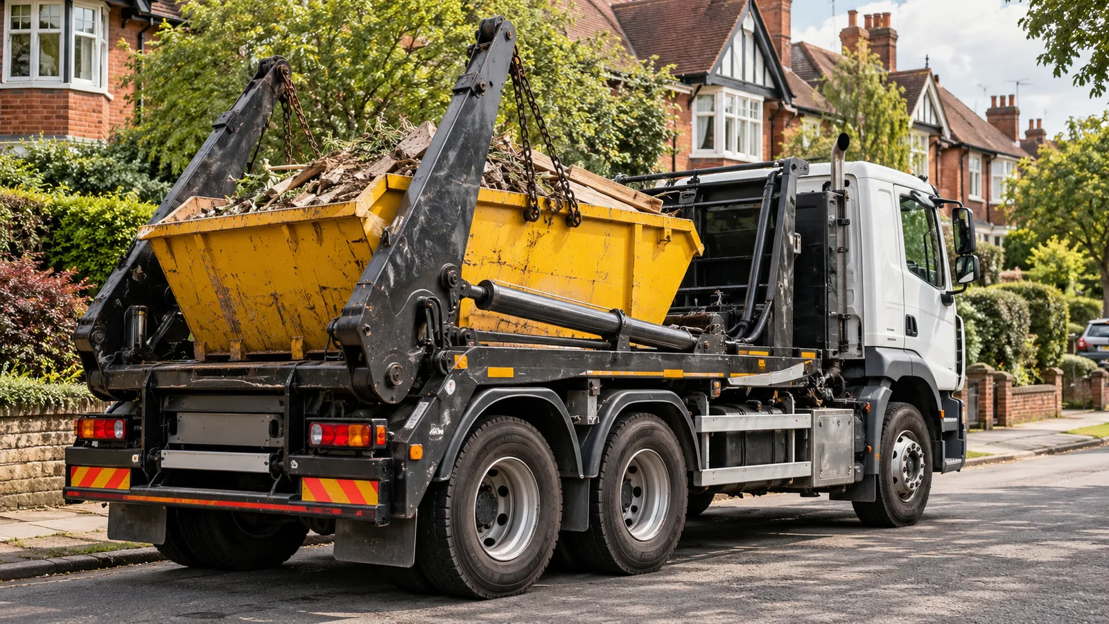 UK skip lorry with hydraulic lifting frame beside homes and mature planting