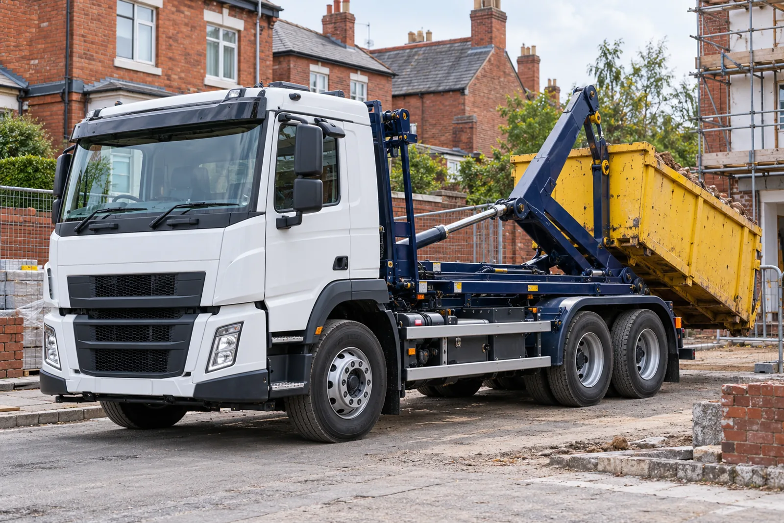 UK waste lorry with visible hydraulic hook-loader equipment at a residential renovation site