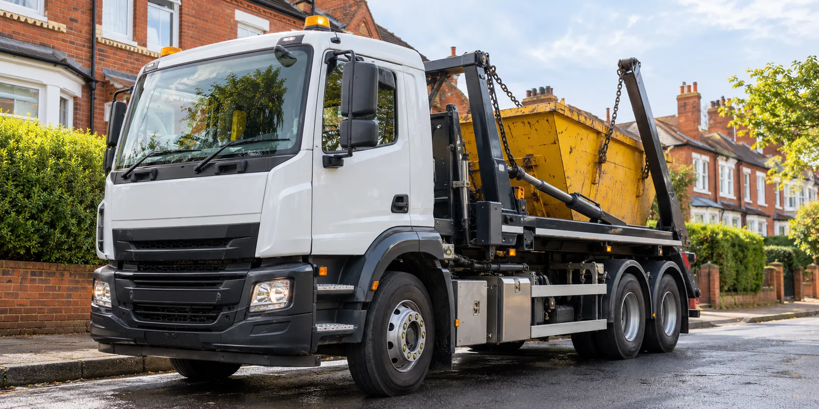 UK skip-loading vehicle with visible cab and wheels beside brick residential homes